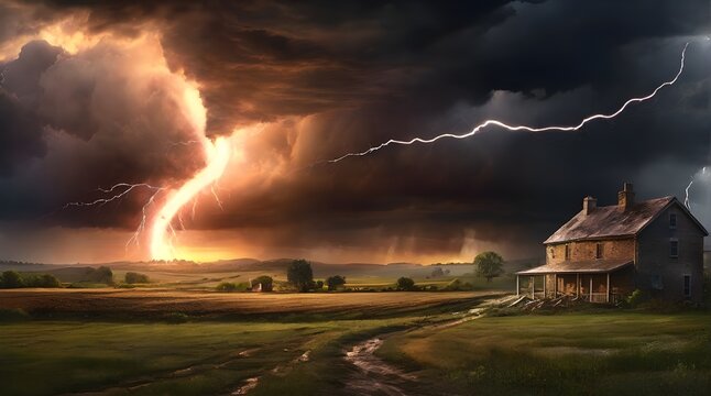 Stunning Tornado and Lightning Storm at Sunset: A Dramatic Countryside Landscape Illustration

Experience the awe-inspiring power of nature with our three-dimensional illustration depicting a dramati
