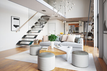 modern living room with sofa, interior design - obrazy, fototapety, plakaty