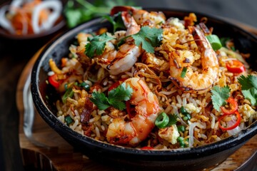 A mouthwatering display of Malaysian Nasi Goreng, boasting fragrant fried rice stir-fried with shrimp, chicken, egg, and a medley of spices