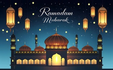 Ramadan Mubarak Islamic Festival Eid Mubarak background, Mosque At Night Ramadan Illustration, Muslim Holiday Ramadan Celebration, Ramadan Greeting