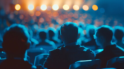 An audience of entrepreneurs at a startup event, captivated by an innovative product demonstration on stage, Leadership, Conference Event, blurred background, with copy space