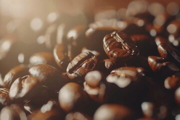 A soft-focus background of coffee beans in light, suggesting the freshness and handcrafted quality of the beans. This image could be used effectively in packaging design for specialty coffee  - obrazy, fototapety, plakaty