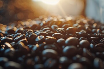 A close-up of rich, dark roasted coffee beans with a focus on their texture, capturing the essence of gourmet brewing and the art of coffee preparation. Ideal for promoting artisanal coffee shops