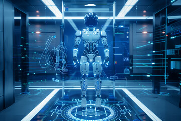A robot is standing in a room with a blue background. The robot is surrounded by wires and circuits, giving the impression of a futuristic setting. Scene is one of technology and innovation.  - obrazy, fototapety, plakaty