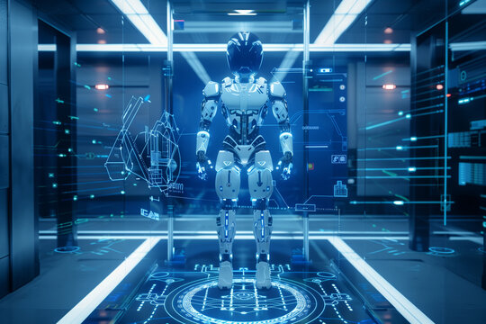 A robot is standing in a room with a blue background. The robot is surrounded by wires and circuits, giving the impression of a futuristic setting. Scene is one of technology and innovation. 