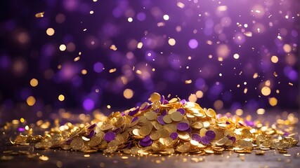 Fototapeta na wymiar Abstract glitter confetti in gold and purple bokeh background