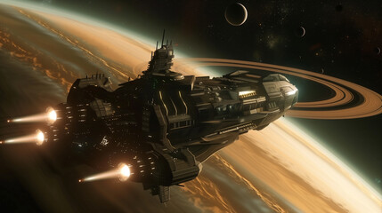 A massive armored space freighter with thrusters ablaze moves through the planetary rings, evoking a scene from a space odyssey
