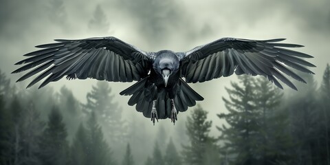 Naklejka premium Flying Raven with wings spread