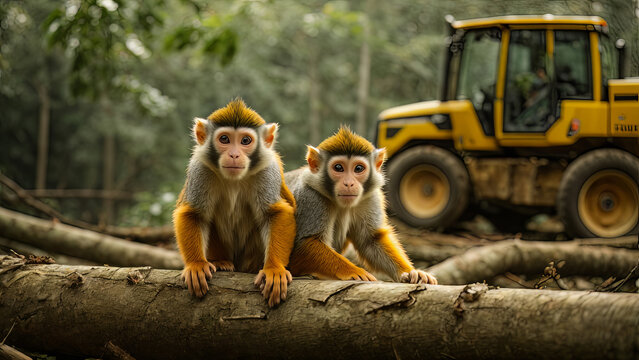 Squirrel Monkeys in their natural Amazon Rainforest Environment being destroyed by bulldozer, created with Generative AI technology