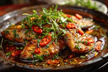 A sizzling plate of Vietnamese Caramelized Clay Pot Fish, presenting tender fish fillets simmered in a savory caramel sauce with garlic, ginger, and fish sauce