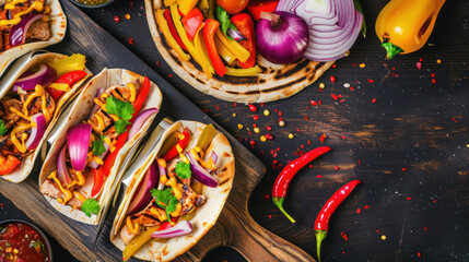 Mexican tacos with chicken, grilled vegetables and red onion. Top view