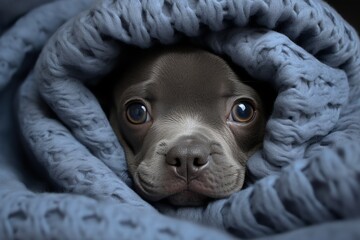 French bulldog snuggled up in cozy blanket, cute pet dog resting in warm comfort - obrazy, fototapety, plakaty