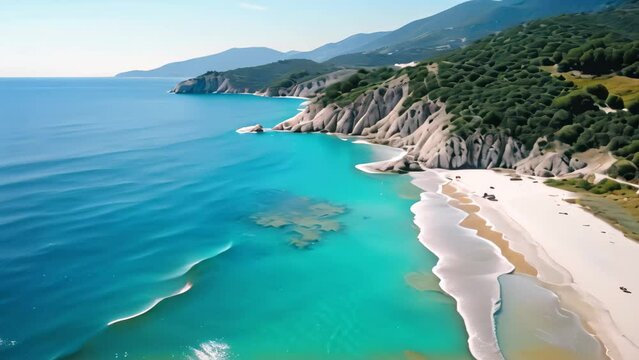 Aerial view of the beautiful beach in Kefalonia, Greece, Aerial flight with drone over famous beach of Kavalikefta on the island of Lefkada in the Ionian Sea in Greece, AI Generated