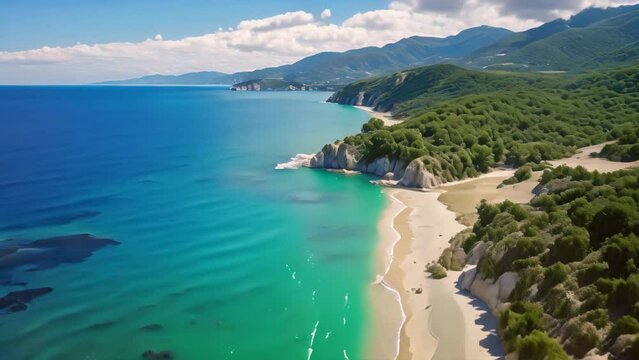 Aerial view of beautiful sandy beach on Zakynthos island, Greece, Aerial flight with drone over famous beach of Kavalikefta on the island of Lefkada in the Ionian Sea in Greece, AI Generated