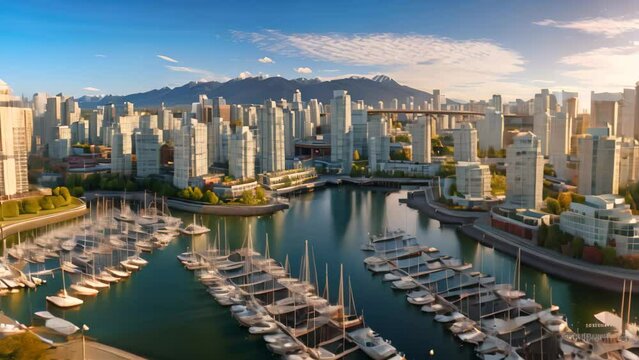Vancouver cityscape, Vancouver, America, Aerial Panorama of Downtown City at False Creek, Vancouver, British Columbia, Canada, AI Generated