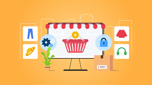 E commerce, cyber security and data protection concept. Vector illustration with orange background
