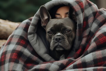 friendly french bulldog comfortably tucked in a soft, cozy blanket for purchase