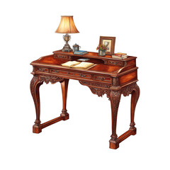 Carved mahogany writing desk with leather inlay watercolor illustration, vintage wooden furniture clipart