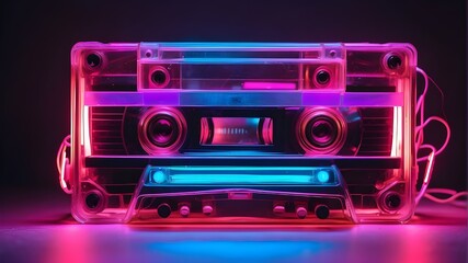 cassette with neon lights. nostalgia for the nineties. A music-listening audio cassette.