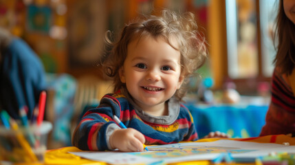 little child drawing with pencils in pre school