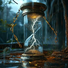 Thunder and lightning storm in the hourglass of time, nature's raw power etches electric veins across the canvas, a fleeting dance echoing the eternal passage of moments. - obrazy, fototapety, plakaty