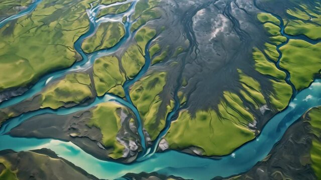 Aerial view of a river in Iceland, seen from a helicopter. Aerial view from above on a green and blue glacier river stream in South Iceland, AI Generated