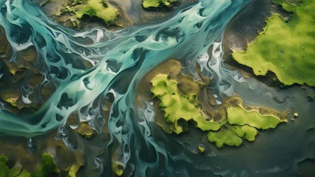 Fantasy alien planet. Abstract fractal shapes. 3D rendering illustration background. Aerial view from above on a green and blue glacier river stream in South Iceland, AI Generated