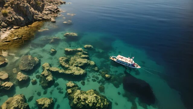 Aerial view of a boat in the blue sea, Crete, Greece, Aerial view of a rib boat with snorkelers and divers at the turquoise colored coast of the Aegean Sea in Greece, AI Generated