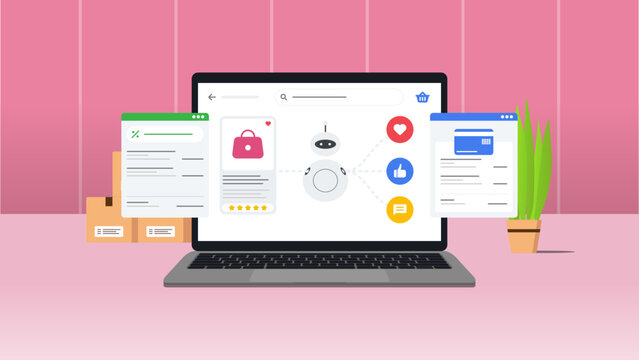 Concept of artificial intelligence e commerce marketing. Vector illustration with pink or red background