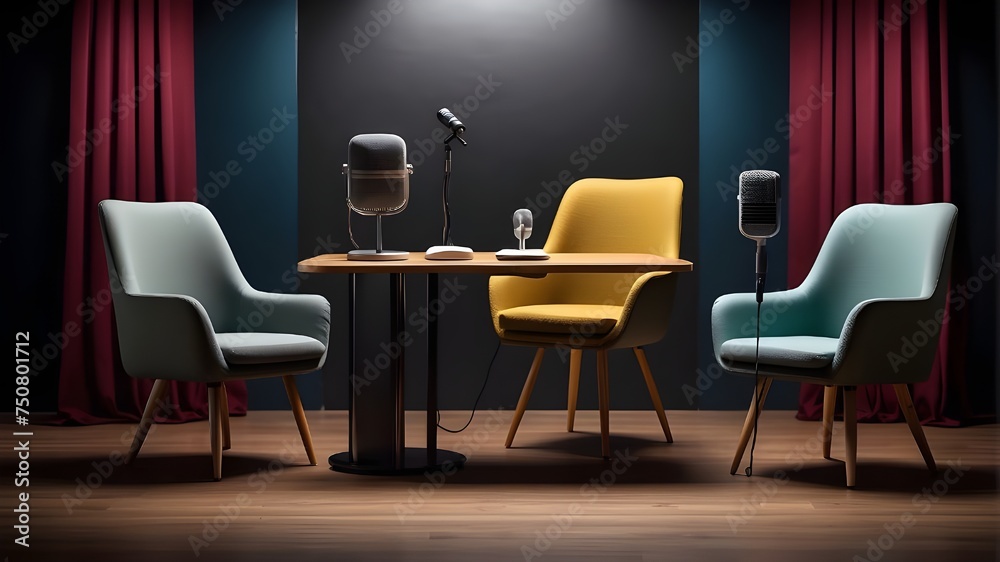 Wall mural A broad banner for media discussions or podcast streaming designs including two chairs and microphones in an interview or podcast room isolated on a dark background