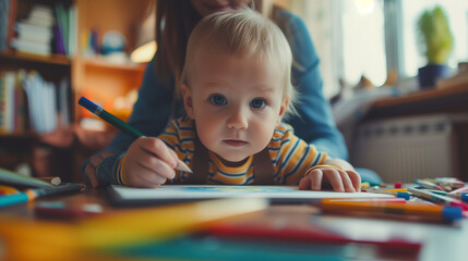 Portrait of mom teaching to her child drawing