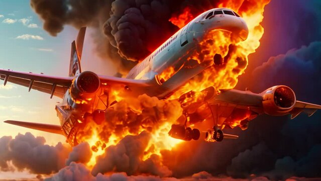 Airplane in the sky with smoke and fire. 3d illustration, Airplane with engine on fire, concept of aerial disaster, AI Generated
