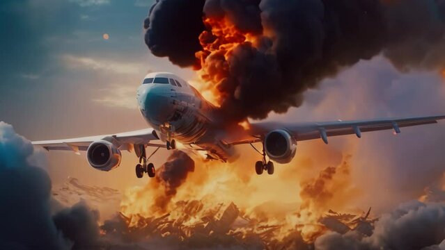 Airplane in the fire. 3D illustration. Elements of this image furnished by NASA, Airplane with engine on fire, concept of aerial disaster, AI Generated