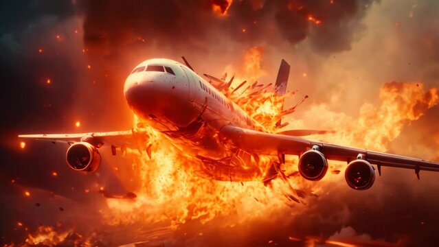 Airplane in the fire. 3d illustration. Conceptual image, Airplane with engine on fire, concept of aerial disaster, AI Generated