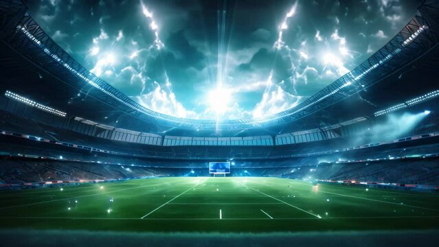 Digitally generated soccer stadium with lights and flares 3D rendering, American football stadium in lights and flashes, AI Generated
