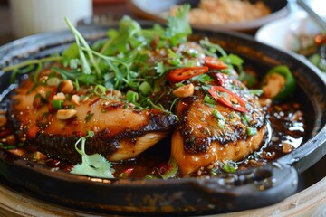 A sizzling plate of Vietnamese Caramelized Clay Pot Fish, presenting tender fish fillets simmered in a savory caramel sauce with garlic, ginger, and fish sauce - obrazy, fototapety, plakaty
