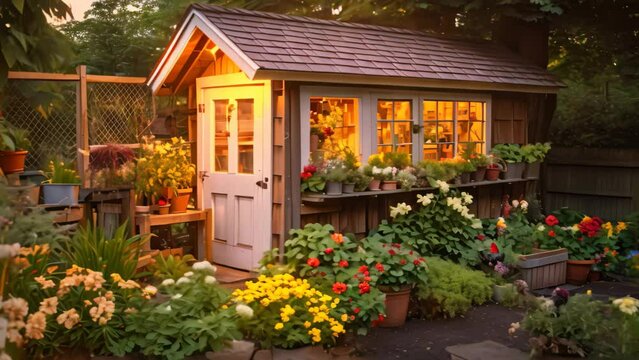 Beautiful little house in the garden at night. Small wooden house with flowers. An atmospheric image of a serene, cozy backyard chicken coop, with a warm, inviting aroma filling the air, AI Generated