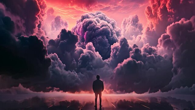 Silhouette of a man standing in the middle of a stormy sky. 3D rendering, an emo album cover with synthwave elements of someone staring at a tv screen of grey clouds, AI Generated