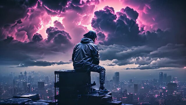 Young man sitting on top of a building and watching a big storm, an emo album cover with synthwave elements of someone staring at a tv screen of grey clouds, AI Generated