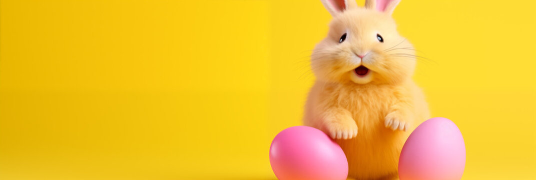 Colorful and Joyful Easter Bunny with Pink Eggs on a Vibrant Yellow Background