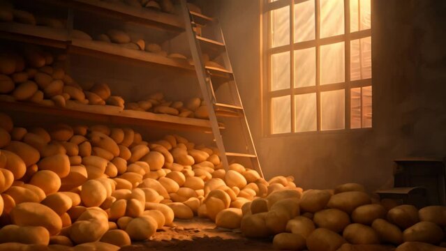 Potatoes on a wooden shelf in a factory with a large window, Artistic recreation of potatoes harvested in a storage with light entering through the windows, AI Generated