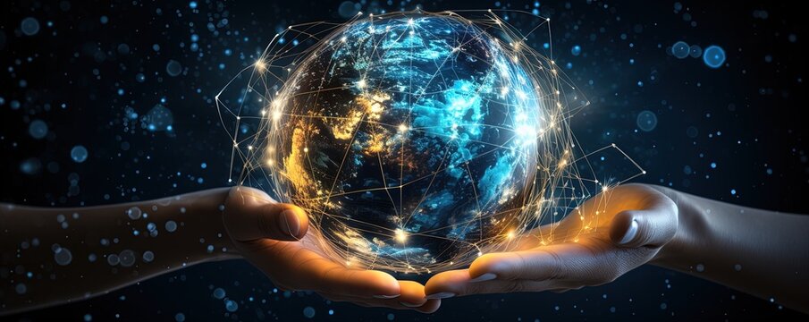 Hand holding Global network connection to big data around the world.a nd tecnology internet metaverse concept