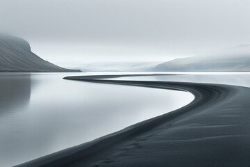 A path on a water. Misty lake. Surreal landscape. Background image. Created with Generative AI technology.