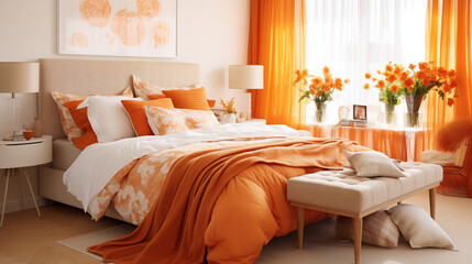 Jasna pomarańczowa przytulna sypialnia w stylu glamour - mockup. Jaskrawe pomarańczowe i białe kolory wnętrza. Render 3d. Wizualizacja