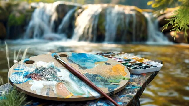 Artist painter tools on waterfall background. Seamless looping time-lapse 4k video animation background