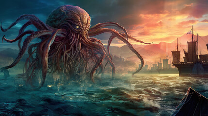 Giant monster from the sea attacking the city on the coast. Scary fairytale concept with Kraken.