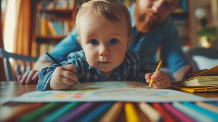 Dad teaching to his child drawing