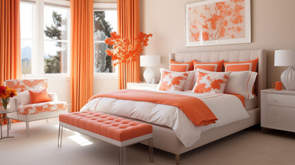 Jasna pomarańczowa przytulna sypialnia w stylu glamour - mockup. Jaskrawe pomarańczowe i białe kolory wnętrza. Render 3d. Wizualizacja - obrazy, fototapety, plakaty
