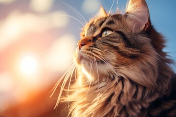 Close-up of adorable fluffy kitten with soft coat against bright, colorful background