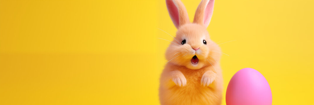 Animated Easter Bunny with a Pink Egg on a Vibrant Yellow Background